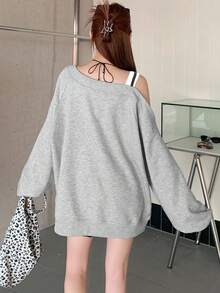 FRIFUL 女士春秋休闲不对称领字母印花T恤长袖女上衣，秋季女装 - 灰色 - 查看 5