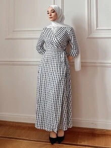 DAZY Women Casual Commuting All-Over Print Long Dress Modest Fashion - Beige - View 4