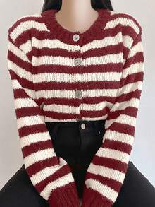 DAZY Soft & Cozy Red Striped Cardigan Sweater For Women, Autumn/Winter Long Sleeve Tops - Red - View 5