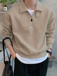 DAZY 男士纯色 Polo 领可调节套头卫衣，秋冬四分之一拉链卫衣