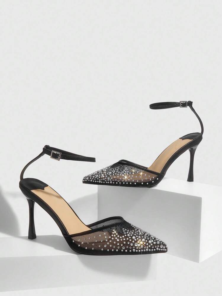 CUCCOO SZL Black Pointed Toe Mesh Rhinestone Stiletto High Heel Sexy Clubwear Pumps, Suitable For Street, Commute, And Party Wear