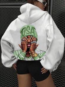 SHEIN EZwear Sudadera con capucha blanca de corte holgado con estampado de figura en verde y negro, de estilo minimalista y casual, para otoño/invierno