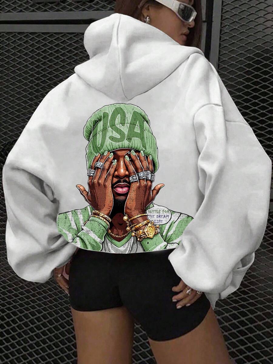 SHEIN EZwear Sudadera con capucha blanca de corte holgado con estampado de figura en verde y negro, de estilo minimalista y casual, para otoño/invierno