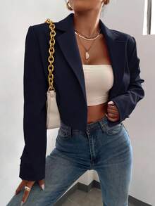 BizChic Damska marynarka z cienkim kołnierzykiem i otwartym przodem, podstawowy top na miejskie dojazdy, strój biznesowy na co dzień, strój do biura, elegancki na imprezę świąteczną, noworoczną - Granatowy - Zobacz 6