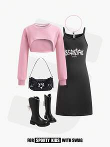 JNSQ 2pcs/Set Tween Girls Casual Floral Print Sleeveless Dress With Short Sleeve Hoodie Sweatshirt, Suitable For Autumn And Winter, Student/Child Wear, Thick Long Sleeve - Pair Our Comfortable And Stylish Short Hoodie With A Fitted Floral Print Dress To Explore The World! - Multicolor - View 5