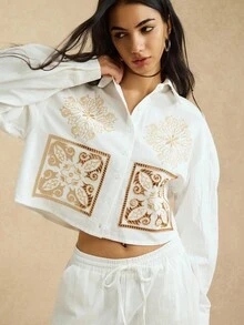Easelle 女式刺绣前扣镂空长袖衬衫，春秋 - 白色 - 查看 5