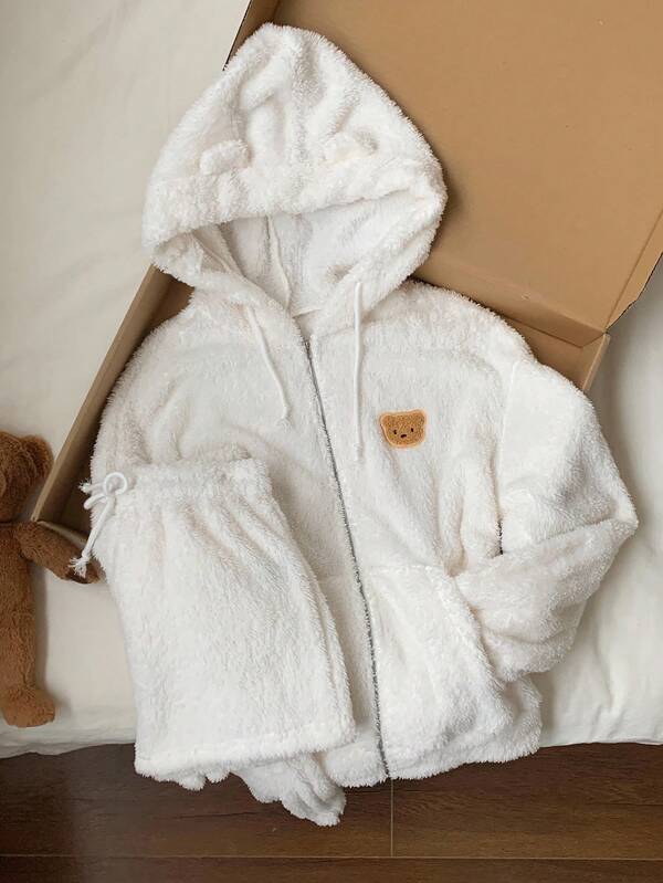 Comfortcana 2pcs Women Cartoon Bear Embroidered Fluffy Hoodie Jacket And Shorts Set, Autumn/Winter