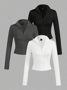 SHEIN EZwear 3pcs/Set Casual Minimalist White & Black Knit Zip-Up Long Sleeve T-Shirts For WomenIn Fall/Winter - Multicolor - View 1
