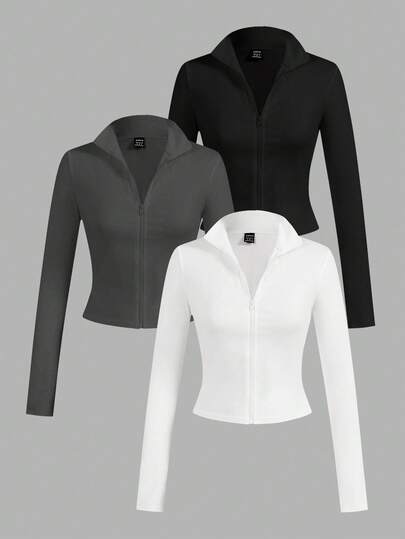 SHEIN EZwear 3 Stücke/Set lässige minimalistische weiße & schwarze Strick-Reißverschluss-Langarm-T-Shirts für Frauen