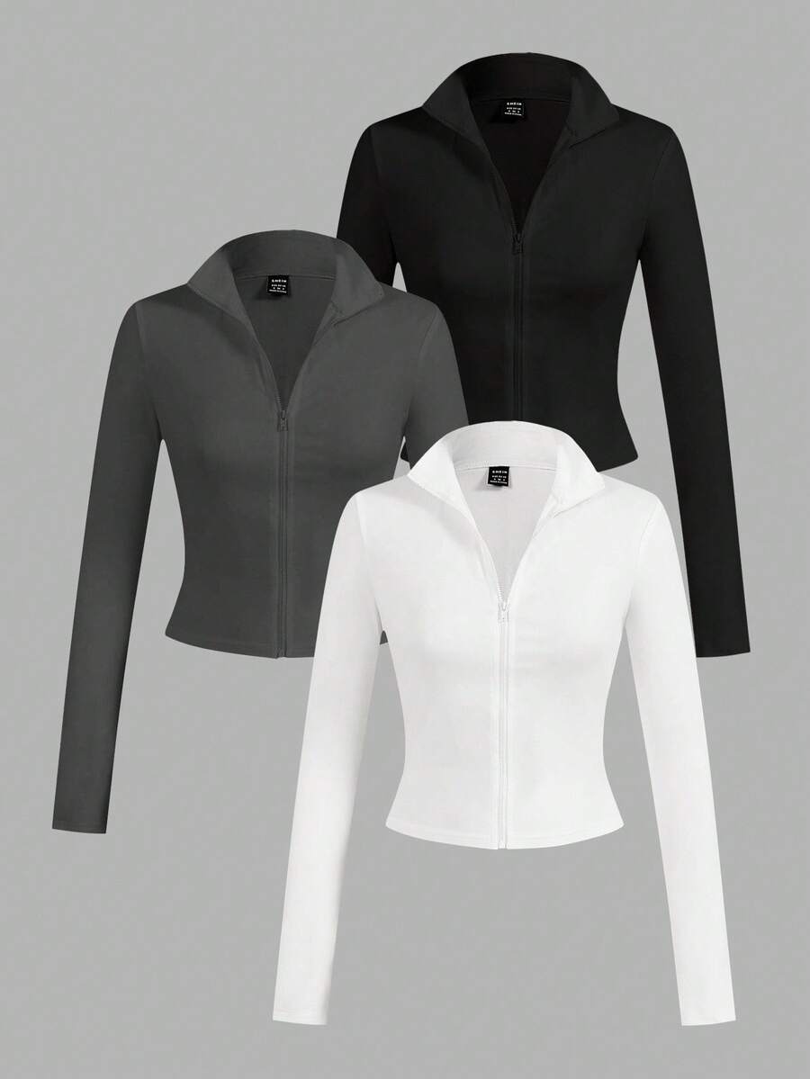 SHEIN EZwear 3pcs/Set Casual Minimalist White & Black Knit Zip-Up Long Sleeve T-Shirts For WomenIn Fall/Winter - Multicolor - View 1