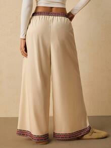 SHEIN VCAY Pantalon large à taille contrastée et imprimé floral pour femmes grandes tailles, confortable pour l'automne et l'hiver, idéal pour la plage - Multicolore - Voir 2