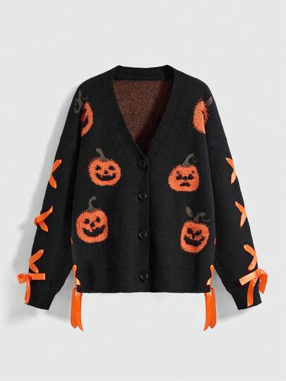 Fairycore Women's Casual V-Neck Halloween Pumpkin Embroidered Cardigan Sweater