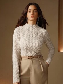 Anewsta Elegante blusa de gola alta com renda flocada para mulheres, top de alta qualidade para outono/inverno