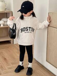 SHEIN 少女可爱字母印花立领蓬松上衣&松紧腰长裤套装 - 黑與白 - 查看 6