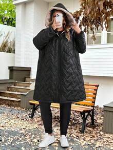 SHEIN CURVE+ Veste d'hiver casual à capuche avec doublure chaude pour femmes grande taille, convient pour l'hiver, vêtements en coton pour femmes grande taille - Noir - View 7