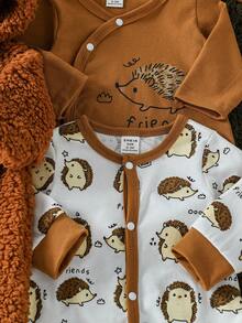 SHEIN 秋冬休闲可爱简约风格男婴多件套礼品套装 - 棕色 - 查看 5