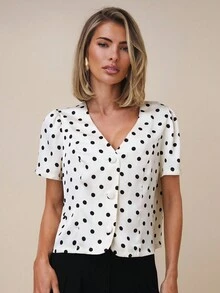 COSMINA 女士休闲/办公室通勤波尔卡圆点印花V领泡泡袖衬衫，夏季 - 彩色 - 查看 1