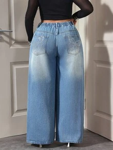 Slaydiva Jeans rectos de talle alto con bolsillos y botones para mujer de talla grande - Gris - Ver 2