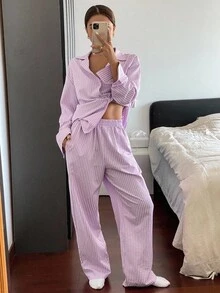 DAZY Simple Stripe Woven Label Decorated Long Sleeve Casual Top And Pants Pajama Set, Fall Winter Clothes - Purple - View 4