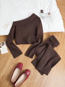 SHEIN Unity Bộ 2 áo len dài tay màu nâu không đối xứng vai và quần dài thoải mái cho nữ, Thu/Đông - màu nâu - Xem 4