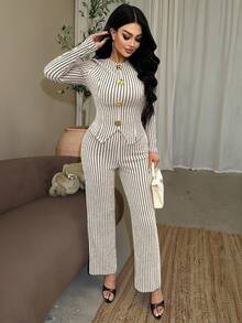 Vavine 2pcs Apricot & Black Striped Elegant Metal Button Decor Long Sleeve Lightweight Women Set - Multicolor - View 5