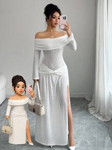 Gloray Vestido de vacaciones minimalista francés con hombros descubiertos y tela texturizada - Blanco - Ver 1
