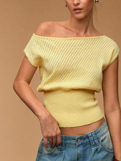 SHEIN BAE Summer Casual Solid Color Asymmetrical Collar Knit Blouse,Cute Outfits,Party Tops,Streetwear,Basic Tops,Knit Sweater,Back To School Clothes,Off The Shoulder Sweater,Cute Sweater,Cropped Sweater,Fall Clothes For Women,Fall Sweaters, Knit Top Women,Off The Shoulder Sweater, Butter Yellow Top
