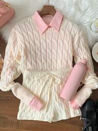 Comfortcana 2pcs/Set Casual Cable Knit Short Sweater And Shorts Set, Autumn