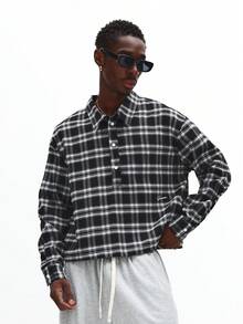 SUMWON Chaqueta casual con botones y estampado de cuadros, manga larga, ligera, de franela sobredimensionada para otoño e invierno - Negro - Ver 2