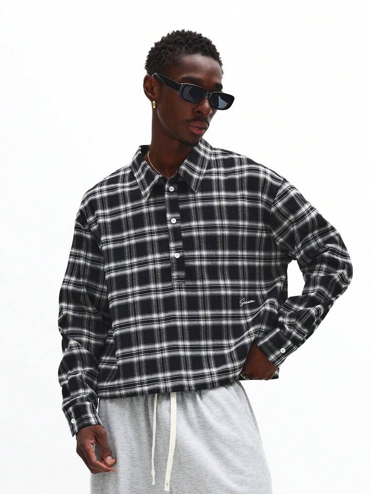 Plaid Pattern Button Down Shacket With Logo