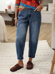 EMERY ROSE بنطلون جينز نسائي بجيب ذو لون أحادي مريح وقابل للتحويل