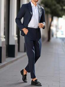 Manfinity Mode 2pcs Men's Business Casual Suit Set, Fashionable Lapel Slim Fit Jacket And Pants, Metal Buckle Decor Pockets, Suitable For Business, Commute, Holidays, Parties And Daily Wear - Navy Blue - View 5