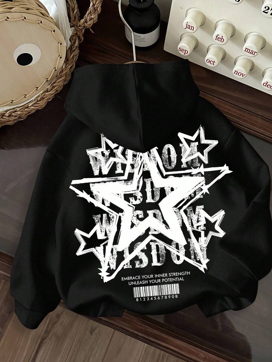 Slaydiva 女款休閒街頭風星星字母條碼圖案黑白連帽保暖內裡長袖寬鬆衛衣,適合秋季校園教師穿著 - 黑色 - 查看 1