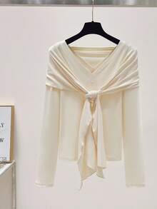 Franclia 女士秋冬温柔精致杏色腰身针织T恤，可拆卸两件式设计，时尚修身，百搭秋季新年感恩节派对婚礼场合。 - 杏色 - 查看 3