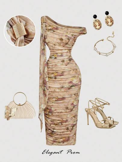 SHEIN MOD Vestido de longitud media ajustado con cuello asimétrico y volantes con estampado floral elegante para mujer