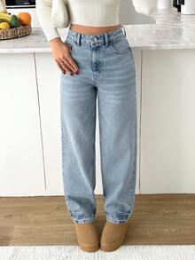 EURMUSE Casual Button Pocket High Waist Blue Straight Jeans - Baby Blue - View 5