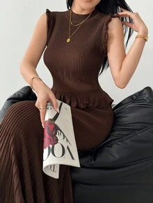 Modelyn 2件套优雅淑女风无袖针织背心和长款百褶裙套装 - 咖啡棕 - 查看 3