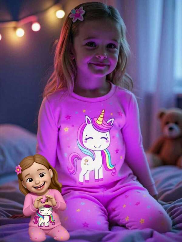 Conjunto de pijama de manga comprida com estampa de unicórnio e estrela para meninas