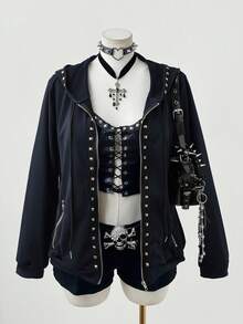 Sunspun Plus Size Fashionable Dark Punk Style Rivet Decor Hooded Long Sleeve Sweatshirt Jacket - Navy Blue - View 1