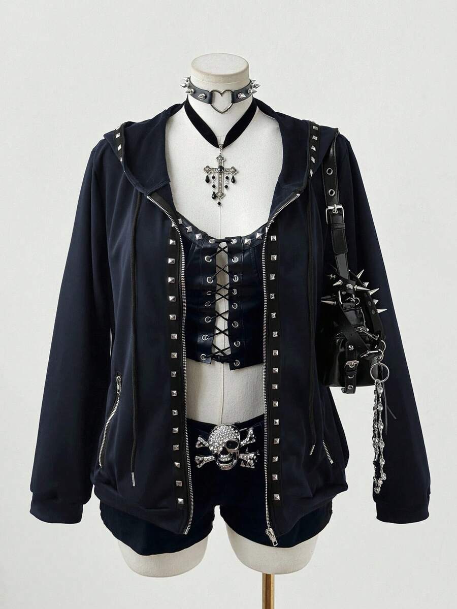 Sunspun Plus Size Fashionable Dark Punk Style Rivet Decor Hooded Long Sleeve Sweatshirt Jacket - Navy Blue - View 1