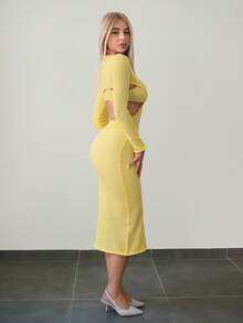 SHEIN ICON Women's Mustard Yellow Knitted Hollow-Out Sheer Long Sleeve Bodycon Dress In Fall/Winter - Yellow - View 2