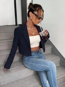 BizChic Damska marynarka z cienkim kołnierzykiem i otwartym przodem, podstawowy top na miejskie dojazdy, strój biznesowy na co dzień, strój do biura, elegancki na imprezę świąteczną, noworoczną - Granatowy - Zobacz 8