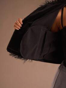 Glamine 女式性感优雅绒面流苏边无领长袖短款夹克 - 黑色 - 查看 6