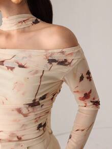 Modelyn Autumn Knitted Sexy Sheer Mesh Ribbon Print T-Shirt