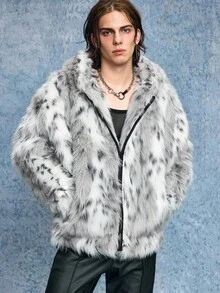 ROMWE MEN Casual Chaqueta con capucha de ajuste holgado y forro térmico para hombre - Blanco y Negro - Ver 2