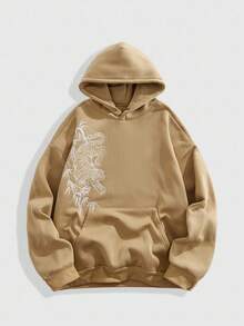 Anime Men Tiger Embroidery Pocket Casual Long Sleeve Hoodie Sweatshirt, Fall - Khaki - View 1
