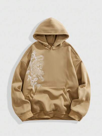 Street Life Men Tiger Embroidery Pocket Casual Long Sleeve Hoodie Sweatshirt, Fall