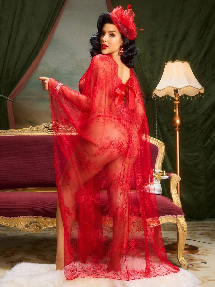 PinupPomp 复古圣诞红色蕾丝拼接蝴蝶结薄纱宽松蝙蝠袖深V优雅性感复古浪漫女士性感睡裙，适合派对和节日穿着 - 酒紅色 - 查看 1