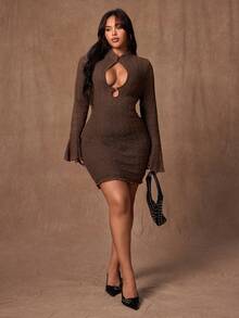 Rustia Vestido ajustado con mangas acampanadas y cuello chino calado para mujer de talla grande, adecuado para salidas, fiestas y banquetes