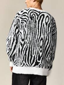 ROMWE MEN Street Life Jersey de cuello redondo casual con estampado de cebra para hombre, otoño/invierno - Blanco y Negro - Ver 3